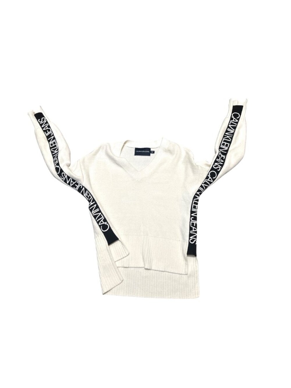 Calvin Klein Jeans Size XS White Logo Sleeve V Neck Sweater Streetwear Logo Core - Picture 6 of 10